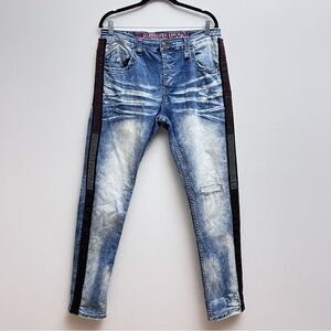 Smugglers Moon Rhinestone Embellished Moto Striped Distressed Skinny Jeans